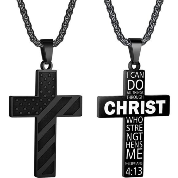 Black American Flag Christ Cross Necklace Men Stainless Steel Box Chain 22 inch - Picture 1 of 7